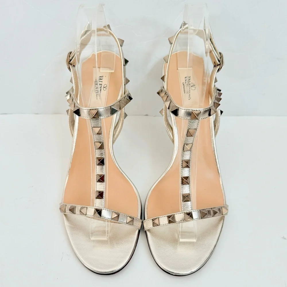 Valentino Garavani Metallic Gold Rockstud Tstrap open toe heels sandals EU 40
